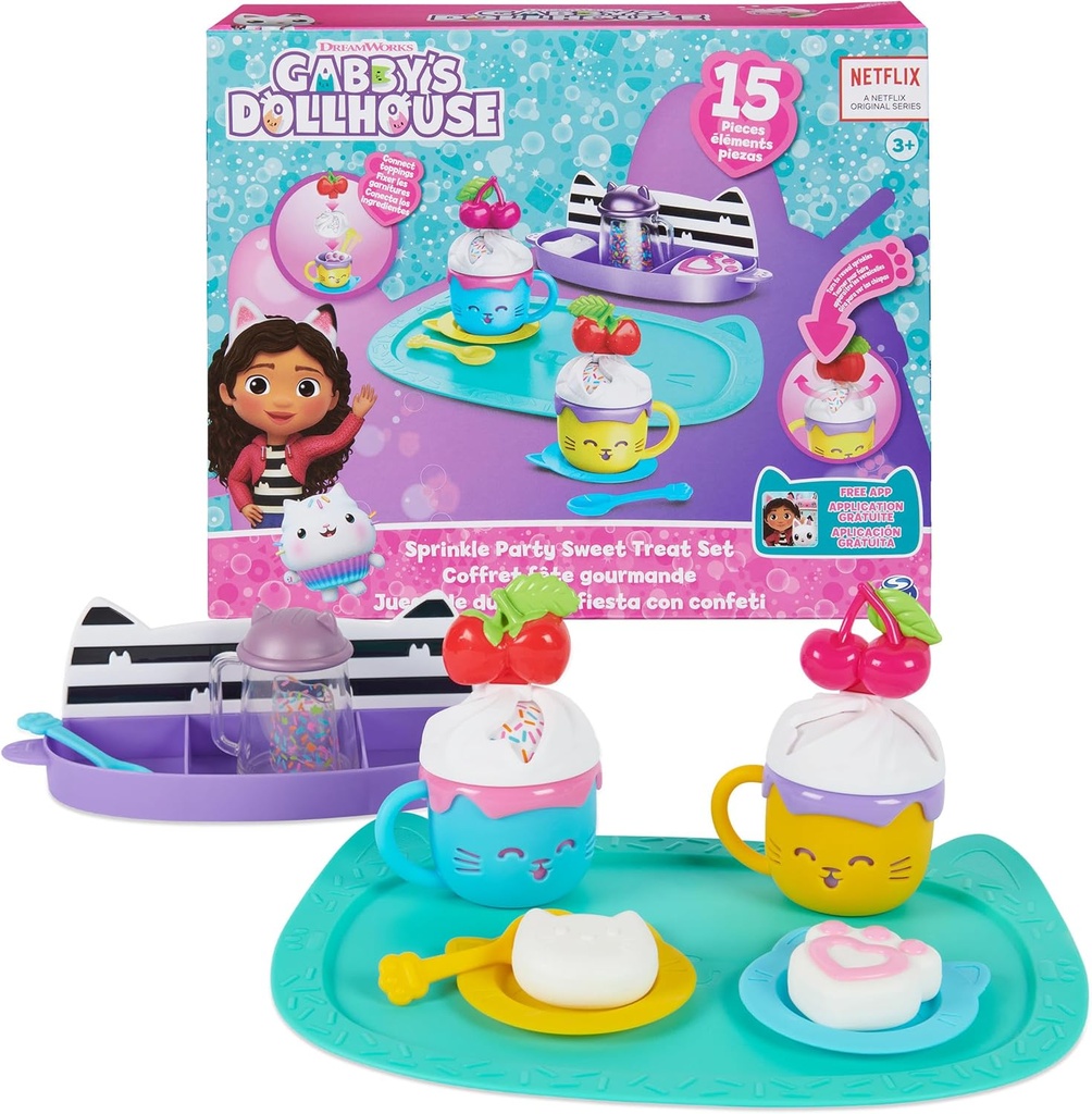 Gabby’s Dollhouse, Sprinkle Party Sweet Treat Set, Pretend Play Kitchen Hot Cocoa Party