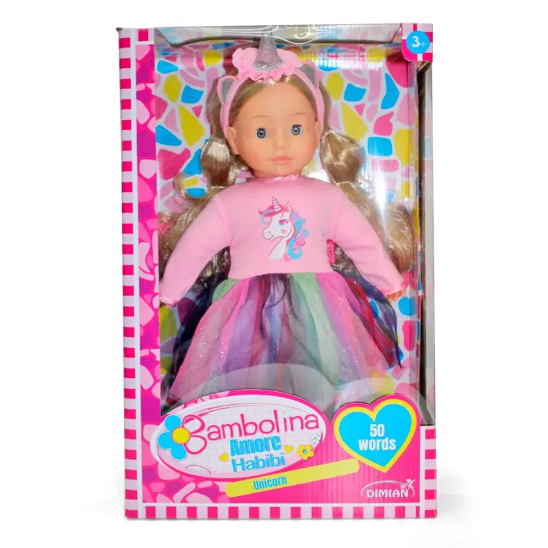 دُمية بامبولينا مولي يونيكورن بقياس 40 سم، تنطوي على 50 كلمة عربية.